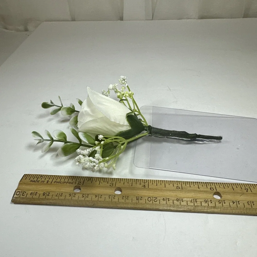 Corsage and Boutonniere Set Cream Ivory Roses Baby's Breath Greenery‎ Handmade